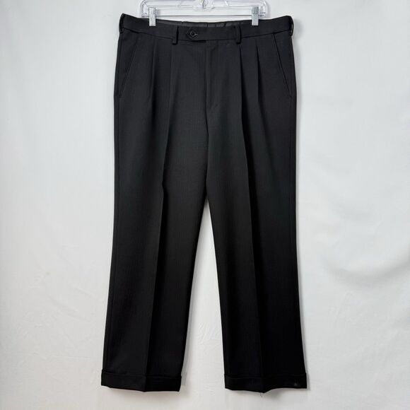 Paul Frederick Men’s 36x28 Black Pleated Dress Pants Cuffed Extended Waist - Picture 2 of 15